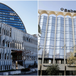 Las sedes de BBVA en la zona norte de Madrid, y de Banco Sabadell en Alicante. E.P.