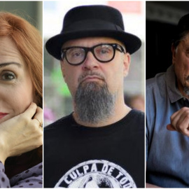 De izquierda a derecha, la escritora Elvira Lindo, el cantante del grupo de rap metal Def con Dos, César Strawberry, y el actor Carlos Bardem. — Archivo