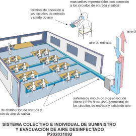 Ilustración del sistema colectivo e individual de suministro y evacuación de aire desinfectado en un aula para 16 estudiantes