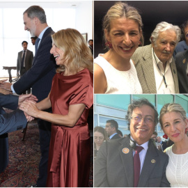 Imágenes combinadas de Yolanda Díaz junto a Lula da Silva, Pepe Mujica y Gustavo Petro.