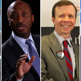 De izquierda a derecha, el director general de Under Armour, Kevin Plank, el consejero delegado de Merck, el presidente de la Alianza para las Manufacturas Americanas, Scott Paul, Kenneth Frazier, y el director general de Intel, Brian Krzanich.