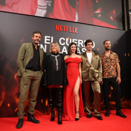 Úrsula Corberó, Quim Gutiérrez, José Manuel Poga, Isak Férriz y Eva Llorach en la premiere de 'El Cuerpo en Llamas' en el Cine Capitol (Madrid), a 6 de Septiembre de 2023.