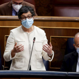 12/05/2021.- La ministra de Asuntos Exteriores, Arancha González Laya, durante su intervención en la sesión de control al Ejecutivo de este miércoles en el Congreso, la primera tras el fin del estado de alarma. EFE/ Chema Moya