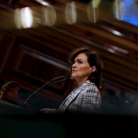 02/12/2020.- La vicepresidenta primera del Gobierno, Carmen Calvo durante el debate del proyecto de presupuestos generales del Estado para 2021 en el Congreso este miércoles. EFE/J.J. Guillén