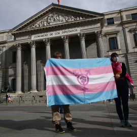 Dos personas sostienen una bandera trans durante una concentración convocada frente al Congreso de los Diputados en Madrid.