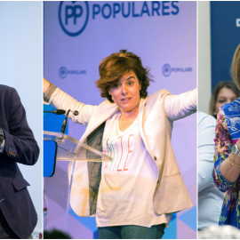 Pablo Casado, Soraya Sáenz de Santamaría y María Dolores de Cospedal, en diferentes actos de sus campañas para la Presidencia del PP. EFE