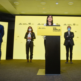 L'equip negociador d'ERC (Marta Vilalta, Sergi Sabrià, Laura Vilagrà i Josep Maria Jové), en roda de premsa el 19 d'abril de 2021.