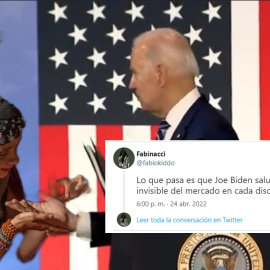 Imagen combinada de un tuit y un fotomontaje de Joe Biden. - Twitter/@juanpetooloko