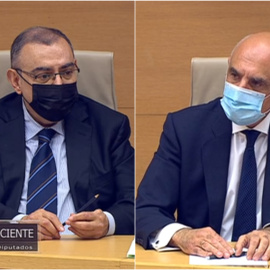 El comisario del Cuerpo Nacional de Policía y exjefe de la Unidad Central de Apoyo Operativo (UCAO), Enrique García Castaño, y el excomisario del Cuerpo Nacional de Policía Enrique Barón, en su comparecencia en la Comisión Kitchen, en el Congreso de