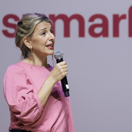 La vicepresidenta segunda del Gobierno, Yolanda Díaz, protagoniza un acto de Sumar en Barcelona, este sábado.