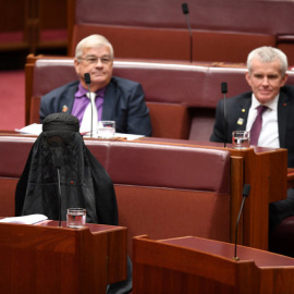 La senadora Paule Hason con el burla durante la sesión en el Parlamento / REUTERS