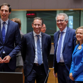 08/07/2019- El Ministro de Finanzas holandés Wopke Hoekstra, el Viceministro de Finanzas de Alemania Jorg Kukies, el Ministro de Finanzas de Luxemburgo Pierre Gramegna y la Ministra de Economía de España, Nadia Calvino, durante la reunión de los Minis