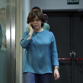 Soraya Sáenz de Santamaría, en la sede de Génova, en Madrid, este jueves. EFE/Zipi