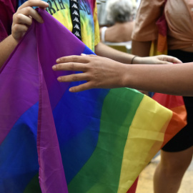 Dos chicos sostienen la bandera LGTBI durante una manifestación.