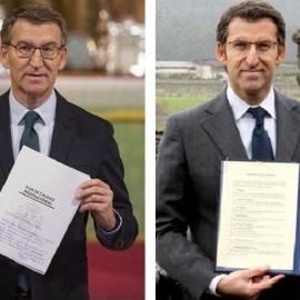 24/1/23 Feijóo, con las propuestas que presentó en Cádiz el pasado lunes (i), y con las del "contrato" con Galicia que rubricó en febrero de 2009 en Santiago.