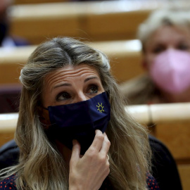 La vicepresidenta y ministra de Trabajo, Yolanda Díaz, durante la sesión de control al Gobierno en el pleno del Senado del pasado 13 de abril.