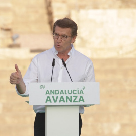 El presidente del PP, Alberto Núñez Feijóo, durante la clausura de un mitin en Málaga durante campaña para las elecciones andaluzas.-  Álex Zea / Europa Press