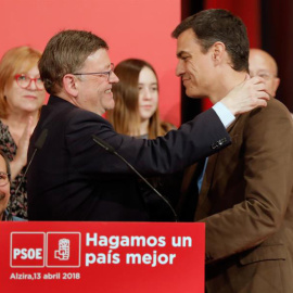 El secretario general del PSOE, Pedro Sanchez (d), junto al president de la Generalitat y secretario del PSPV, Ximo Puig (i) en un reciente acto en Alzira. (JUAN CARLOS CÁRDENAS | EFE)