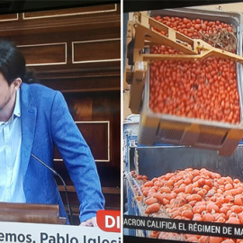La imagen de la izquierda corresponde a Antena 3, que sí ha emitido en directo el discurso de Iglesias. La imagen corresponde a la emisión de La 1 durante la intervención de Iglesias.