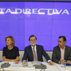 El presidente del Gobierno y del PP, Mariano Rajoy (c), junto a la secretaria general María Dolores de Cospedal (3i), el coordinador general, Fernando Martínez-Maillo (3d), los vicesecretarios Javier Maroto (2i), Pablo Casado (i), Javier Arenas (2d), y 