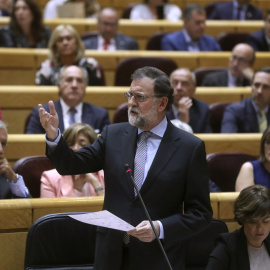 El presidente del Gobierno, Mariano Rajoy, interviene en la sesión de control al Ejecutivo, celebrado en el pleno del Senado. EFE/Kiko Huesca