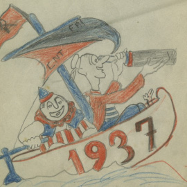 Dibuix de Francesc Miralles a la mostra ‘L’Arxiu en guerra. La Casa de l’Ardiaca i la Sala de Lectura per a Infants durant la Guerra Civil