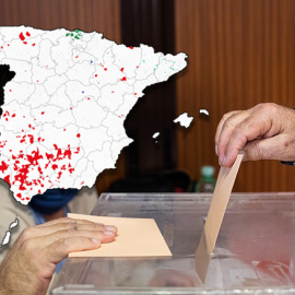 19/07/2023 Mapa con los municipios donde siempre gana el mismo partido sobre una imagen de un votante.