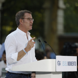 El candidato del PP a la presidencia del Gobierno, Alberto Núñez Feijóo, en un mitin de campaña en Madrid.