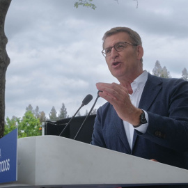 El presidente del Partido Popular, Alberto Núñez Feijóo, interviene en la Romería del PPdeG, en el área recreativa de A Magdalena, a 29 de abril de 2023, en O Pino.- César Arxina / Europa Press