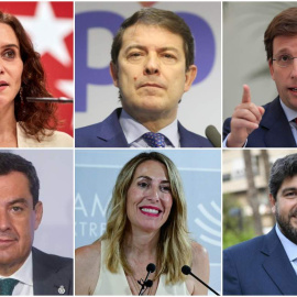 26/07/2023 - De izquierda a derecha y de arriba a abajo: Isabel Díaz Ayuso, Juan Manuel Moreno Bonilla, Alfonso Fernández Mañueco, María Guardiola y José Luis Martínez-Almeida.