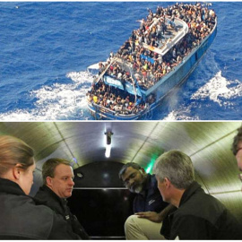 Arriba: imagen del pesquero en el que naufragaron más de 600 personas. Abajo: interior del sumergible Titan durante una expedición previa.