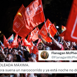 Los votantes del PSOE celebran los resultados del partido en la calle Ferraz . – Edición de la foto de Alejandro Martínez Vélez / Europa Press