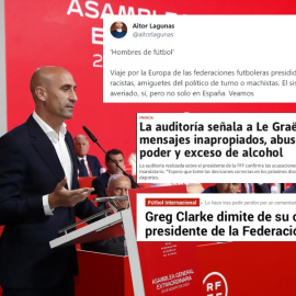 Collage con una imagen de Luis Rubiales y los titulares de algunos casos de escándalo de otros presidentes de federaciones futboleras