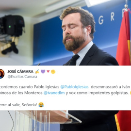 'Collage' con una imagen de Iván Espinosa de los Monteros y un comentario de un tuitero