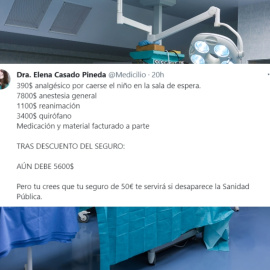 'Collage' con la imagen de un quirófano y la respuesta de Elena Casado en Twitter