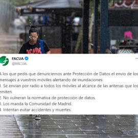 Collage con una imagen tomada durante el paso de la DANA en Madrid y la respuesta de Facua