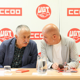 Los secretarios generales de CCOO y UGT, Unai Sordo y Pepe Álvarez, durante una rueda de prensa, a 7 de junio de 2023, en Madrid.