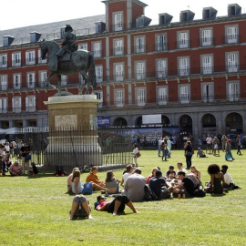 Fotografía del aspecto que luce la Plaza Mayor con césped. / EFE