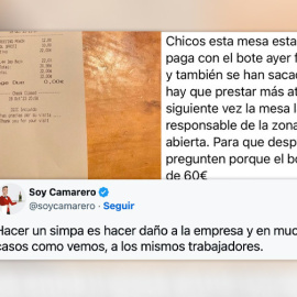 Captura del tuit de @soycamarero con el mensaje del hostelero responsabilizando a los trabajadores del 'sinpa'.
