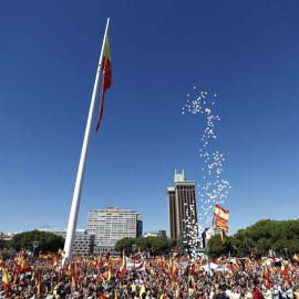 Vista general de la concentración convocada por la Fundación para la Defensa de la Nación Española (Denaes), hoy en la Plaza de Colón. | JAVIER LIZÓN (EFE)