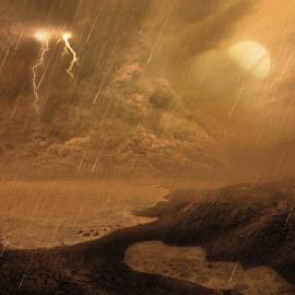 Ilustración de una tormenta de polvo de la superficie de Titán, la luna más grande de Saturno