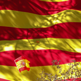 Bandera española con la catalana de fondo. /REUTERS
