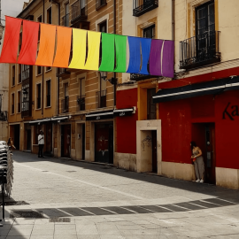 La bandera LGTBI+ que cuelga en la calle del bar Kafka.
