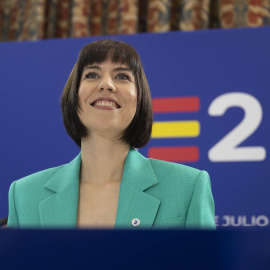 La ministra de Ciencia e Innovación en funciones, Diana Morant, sonríe durante la reunión de los ministros de Investigación de la Unión Europea el 28 de julio de 2023.