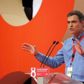 El secretario general del PSOE, Pedro Sánchez, durante su intervención en el VIII Congreso que el PSE-EE celebra este fin de semana en Bilbao. EFE/LUIS TEJIDO