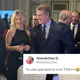 Yolanda Díaz y Núñez Feijóo, durante una cena de periodistas parlamentarios en Madrid.