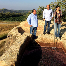Els germans Porcioles Buixó, davant dels trulls de pedra en què elaboren el seu vi Finca Siós. MÒNICA MOMBIELA