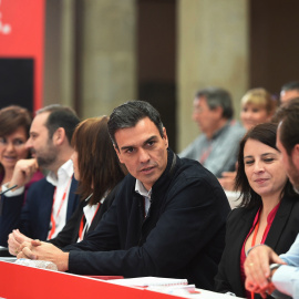 El secretario general del PSOE, Pedro Sánchez, y la presidenta, Cristina Narbona, junto a otros líderes socialistas, durante la reunión del Comité Federal del partido en Alcalá de Henares. EFE/FERNANDO VILLAR