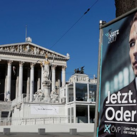 Un póster de campaña de Sebastian Kurz y el Parlamento de Viena en el fondo. REUTERS