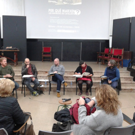 Moment de la taula rodona ¡Per què marxen les empreses de Catalunya?', que ha organitzat l'Observatori del Deute en la Globalització (ODG) a Barcelona aquest dilluns. MARC FONT